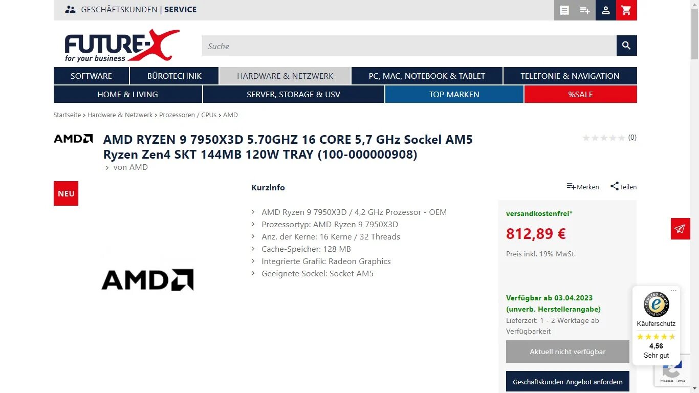 AMD Ryzen 7 7800X3D появляется в списке европейских магазинов по цене 530 евро