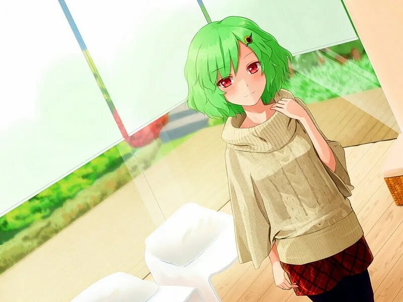 Аниме девушка с короткими зелеными волосами 4