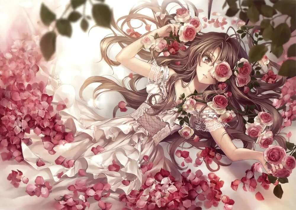 Аниме девушка цветы 17